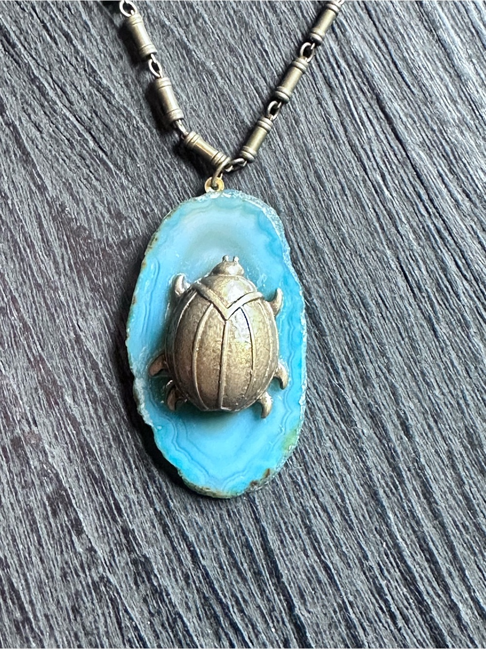 Anthropologie Scarab Beetle Blue Agate Slice Statement Necklace